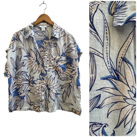 H Halston Floral Print Button Front Boxy Blouse Size Large Resort Beach - Picture 1 of 9